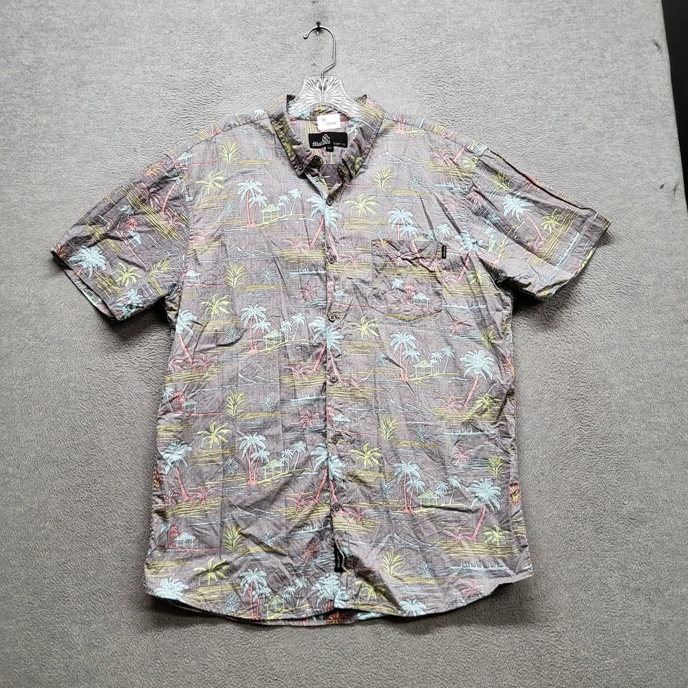 Molokai Surf Co. Men Button Up Shirt XXL Gray Floral Palm Trees Hawaiian Shirt